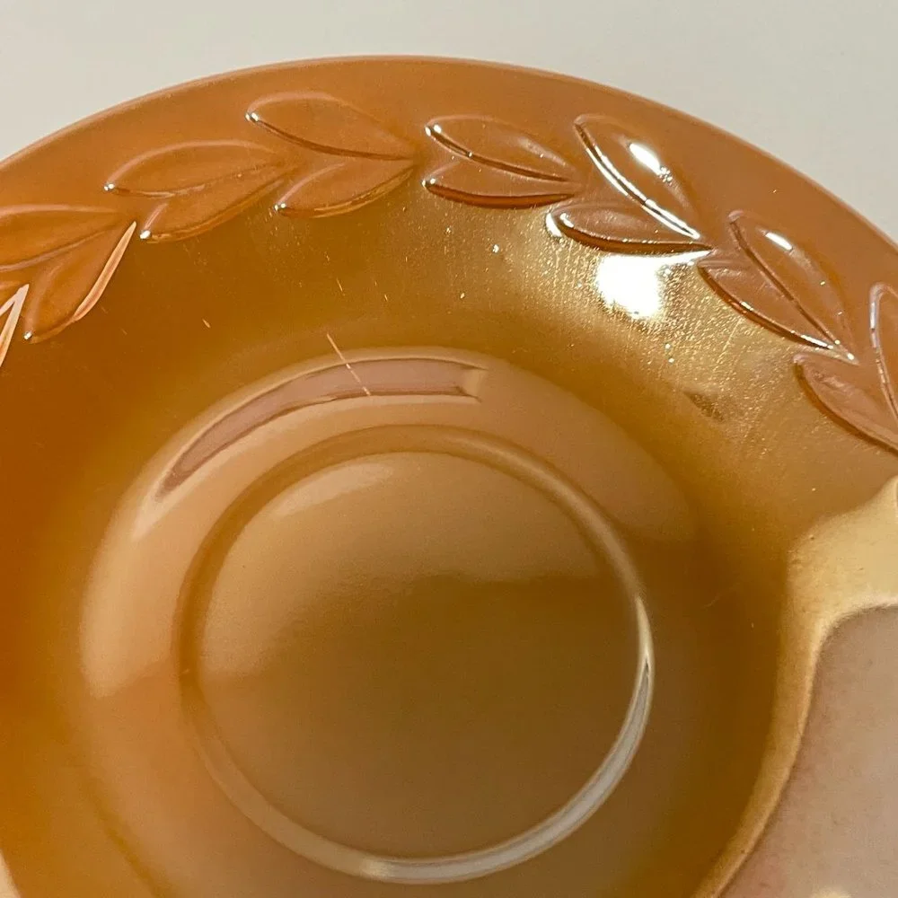 Vintage Fire King Peach Lustre Laurel Leaf Iridescent Cups and Saucers Set‎ of 5